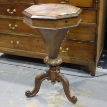 A Victorian rosewood sewing table, having an octagonal hinged lid concealing a fitted interior,