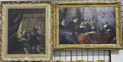 Two large colour prints: Rembrandt's Die Staalmeesters 75 x 50 cm, and Vermeer's Allegory of