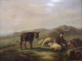 19th century English school oil on panel, resting shepherd boy with sheep, dog and a donkey, 40 x 30