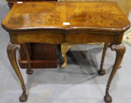 Victorian burr walnut fold over card table, 83 x 83 x 75 cm H (open). Generally good condition, some