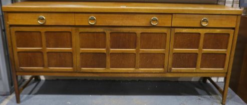 Nathan Squares sideboard, two short and one long drawer over two cupboards and a drop down door,