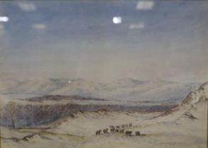 Early 20th century English school watercolour, snow-capped Welsh hills with sheep, initialed RHE and