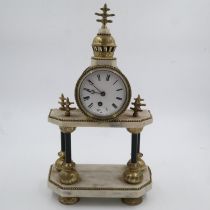 Brass and marble table clock, lacking pendulum, H: 44 cm. Not available for in-house P&P