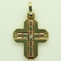 14ct yellow and rose gold diamond set cross-form pendant, drop L: 30 mm, 4.1g. UK P&P Group 0 (£6+