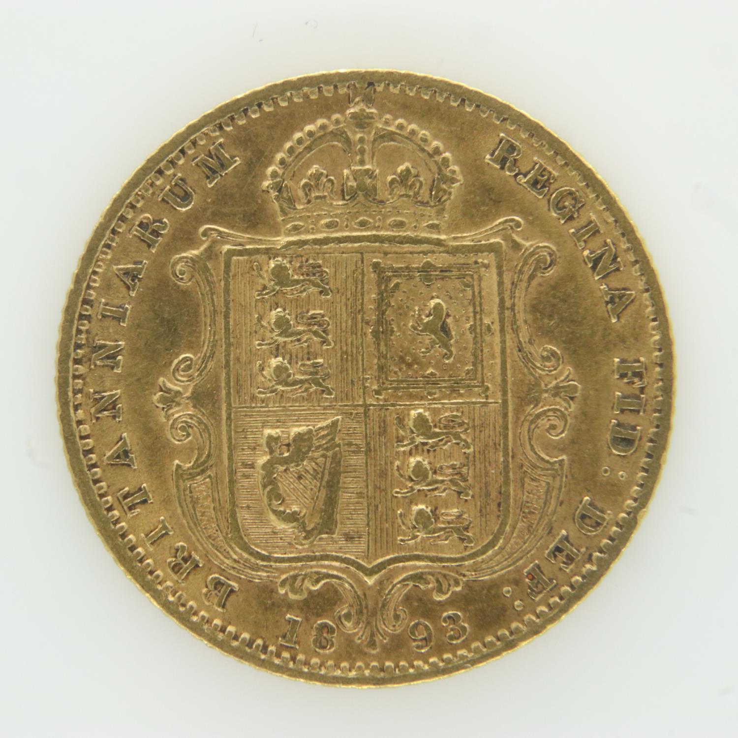 1893 gold half sovereign. UK P&P Group 0 (£6+VAT for the first lot and £1+VAT for subsequent lots)