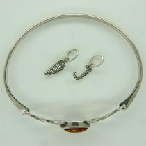 Pandora amber set bangle with two small silver charms. UK P&P Group 1 (£16+VAT for the first lot and