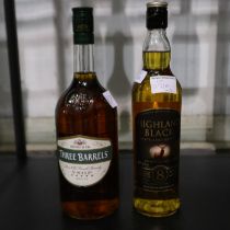 Litre bottle of Three Barrels brandy and a bottle of Highland Black blended whisky. Not available