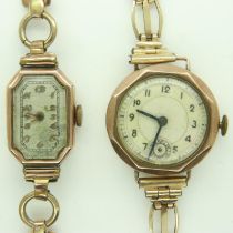 Two ladies 9ct gold cased wristwatches, each on rolled gold expanding bracelets, not working. UK P&P
