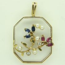 18ct gold diamond, ruby, sapphire and pearl set pendant, drop L: 32 mm. UK P&P Group 0 (£6+VAT for