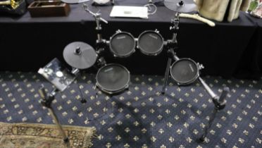 Alessi command electronic drum kit on rack, hi-hats, crash ride, snare, 3 toms, missing pedals.