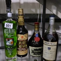 Bottle of Martell Cordon Bleu cognac and three other bottles. Not available for in-house P&P