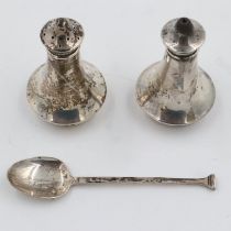 Hallmarked silver salt and pepper pots with a silver spoon, Birmingham assay, 42g. UK P&P Group