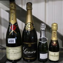 Two bottles of champagne, Moet & Chandu and Lanson, and two miniature bottles. Not available for