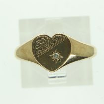 9ct gold diamond set heart shaped signet ring, size N, 2.5g. UK P&P Group 0 (£6+VAT for the first