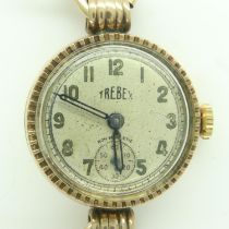 9ct gold ladies wristwatch by Trebex on a yellow metal bracelet, total weight 15.0g. UK P&P Group