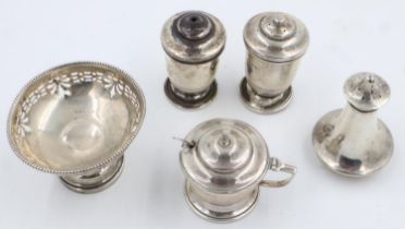 Mixed hallmarked silver cruets and a small footed bowl, total 168g. UK P&P Group 2 (£20+VAT for