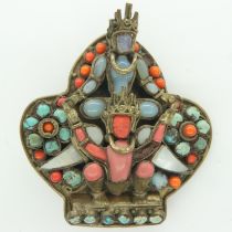 Unusual Eastern brooch of turquoise, coral and mother of pearl, H: 40 mm. UK P&P Group 0 (£6+VAT for