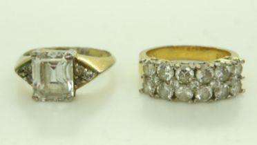 Two 925 silver gilt rings with clear stones, 9.3g. UK P&P Group 1 (£16+VAT for the first lot and £