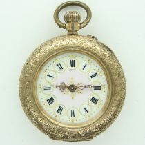 14ct gold fob watch with decoration verso, not working at lotting, total 29.7g. UK P&P Group 1 (£