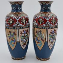 Pair of late 19th/early 20th century hexagonal cloisonné vases, decorated with mythical birds and