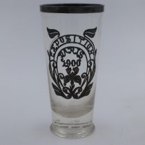 White metal bound drinking glass for the 1900 Paris Exposition. H: 16cm. UK P&P Group 2 (£20+VAT for