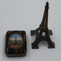 1889 Paris exposition tortoiseshell purse and a cast metal Eiffel Tower thermometer. UK P&P Group
