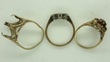 Three 9ct gold rings, all with missing stones, combined 5.8g. UK P&P Group 0 (£6+VAT for the first
