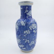 Large Oriental themed vase, cracks around neck, H: 46 cm. Some firing pits around face, some