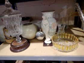 Shelf of mixed ceramics, glass and pewter. Not available for in-house P&P