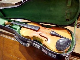 Cased violin with bow. Not available for in-house P&P