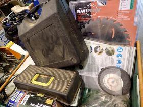 Box of mixed tools to include Stanley air filter regulator and grinding discs. Not available for