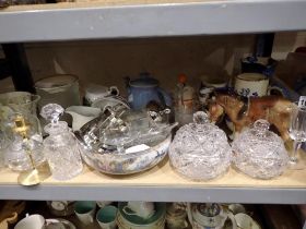 Shelf of mixed ceramics and glass. Not available for in-house P&P