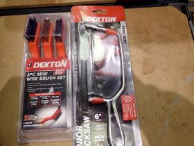 Dekton 3pc mini wire brush set along with a Dekton junior hacksaw. Not available for in-house P&P