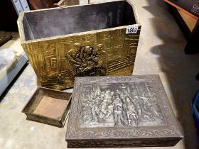 Brass magazine rack with a Rembrandt metal tin. Not available for in-house P&P