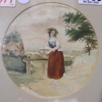 19th century watercolour, lady with a basket, unsigned, D: 14 cm. Not available for in-house P&P