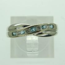 9ct white gold ring set with blue topaz and cubic zirconia, size O, 2.2g. UK P&P Group 0 (£6+VAT for