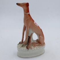 Staffordshire Greyhound with Hare, H: 21cm, chip to right ear. UK P&P Group 2 (£20+VAT for the first