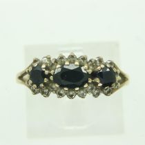 9ct gold ring set with three sapphires and cubic zirconia, size Q, 1.8g. UK P&P Group 0 (£6+VAT