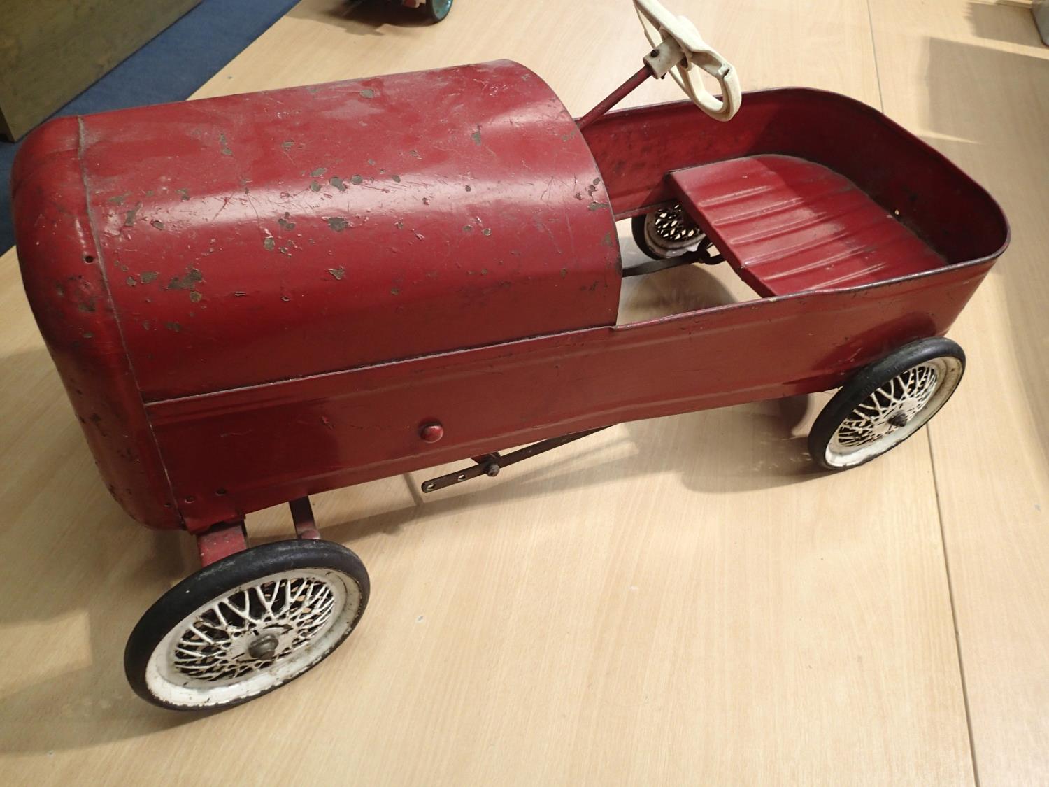 Vintage Triang peddle car, red, white wheels, working order, original condition, damaged steering