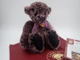 Charlie Bear, Tara, with tag attached, stitch down nose and jointed at limbs. Bag included.