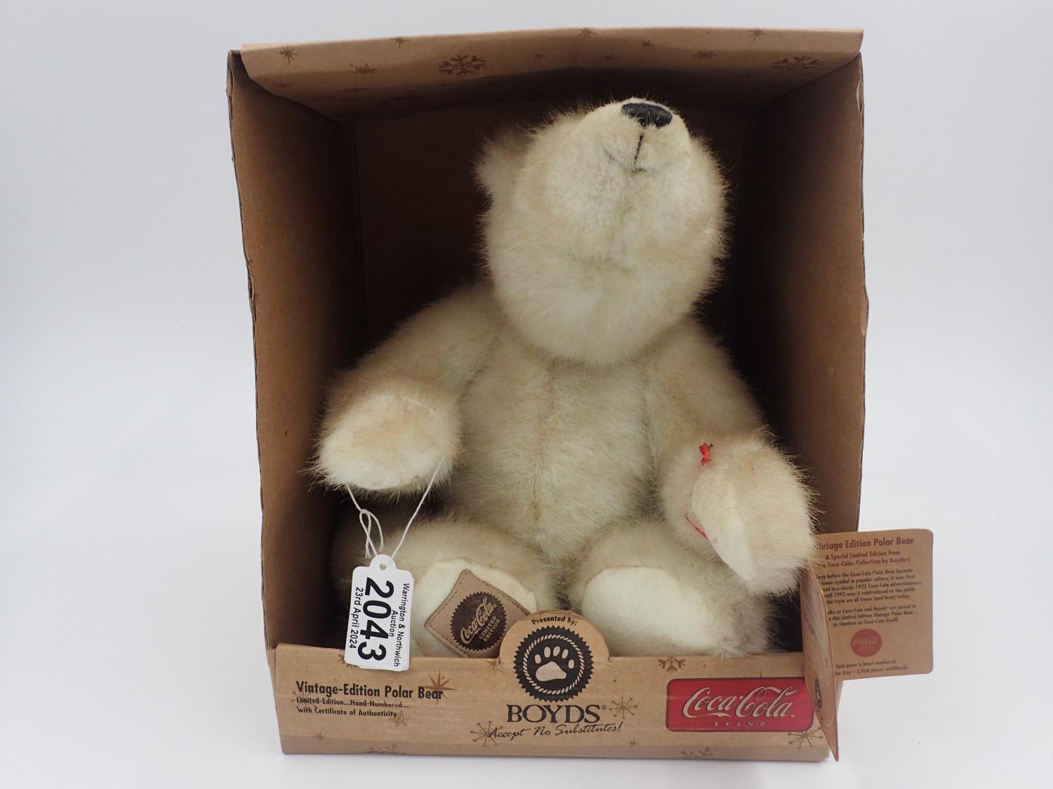 Boyds Coca-Cola Polar Bear, boxed with tag attached, stitch down nose and jointed at limbs.