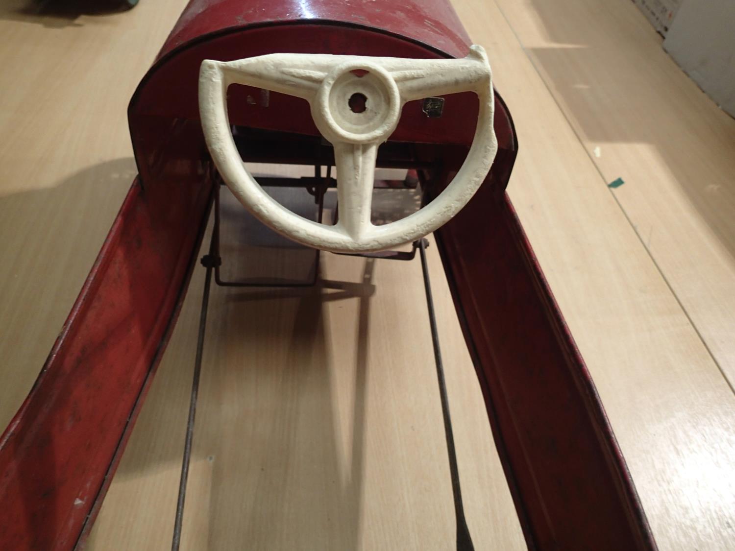 Vintage Triang peddle car, red, white wheels, working order, original condition, damaged steering - Image 4 of 5
