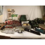 OO scale model railway items including two locomotives, four coaches, two wagons, plus buildings,