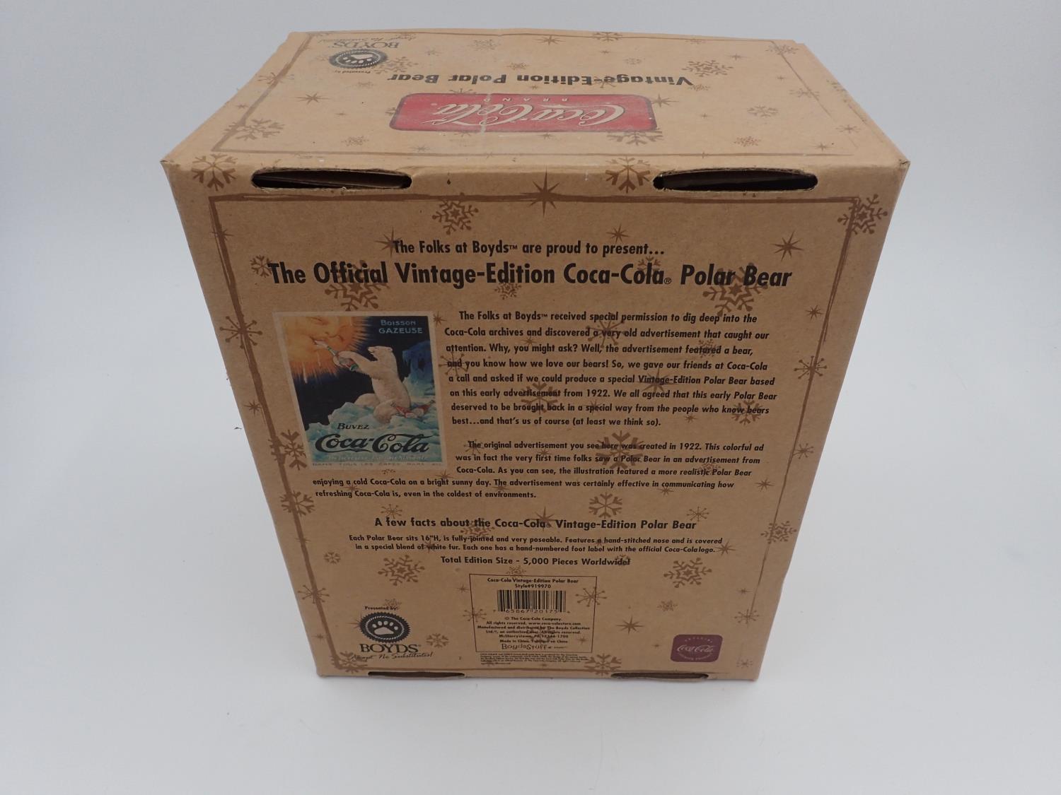 Boyds Coca-Cola Polar Bear, boxed with tag attached, stitch down nose and jointed at limbs. - Image 4 of 4