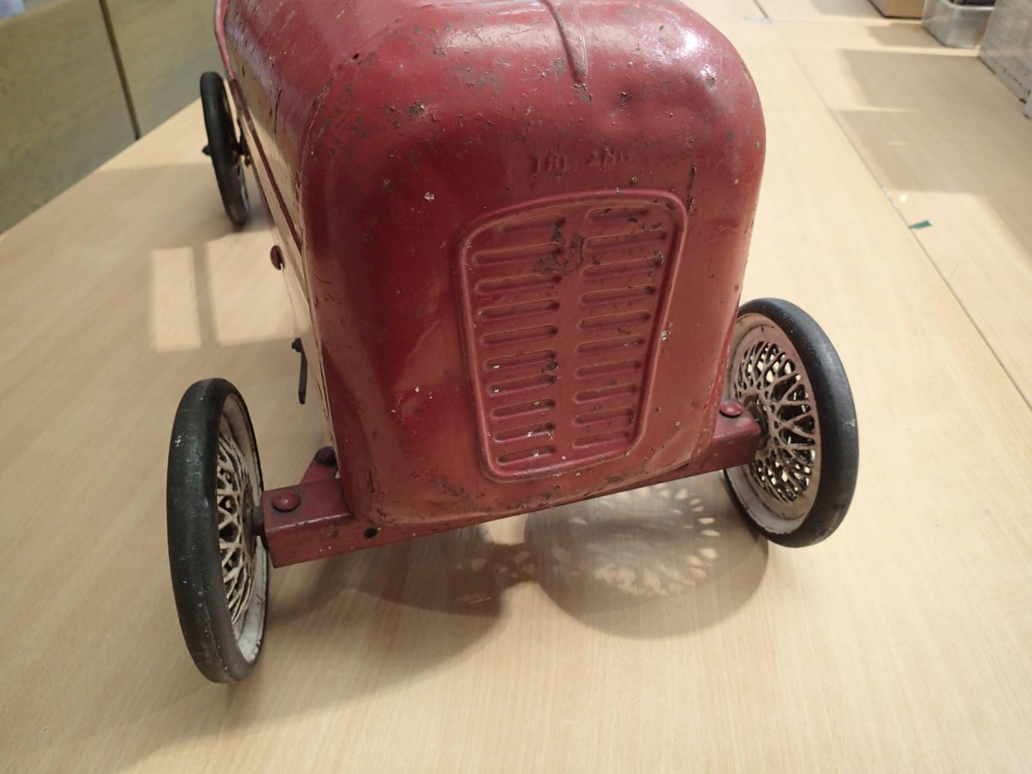 Vintage Triang peddle car, red, white wheels, working order, original condition, damaged steering - Image 2 of 5