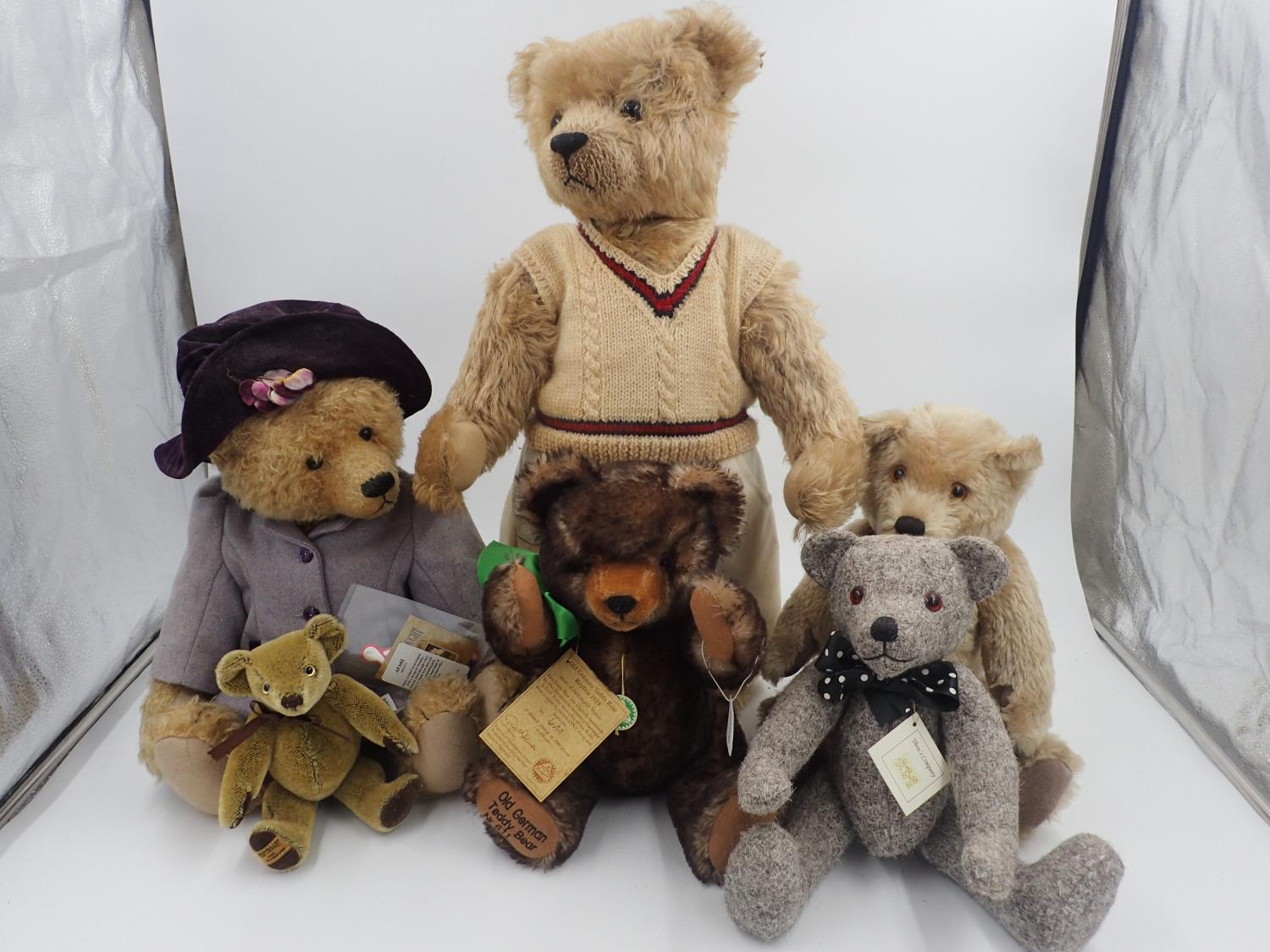 Six bears from Merrythought, Hermann, Three's Company, Thread bare and similar with tags attached,