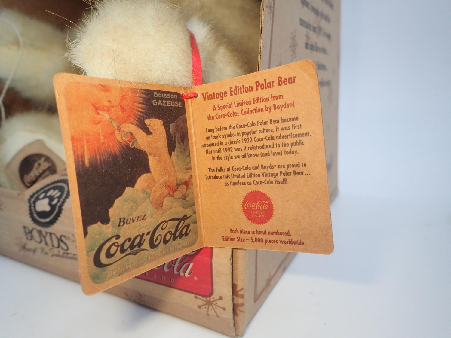 Boyds Coca-Cola Polar Bear, boxed with tag attached, stitch down nose and jointed at limbs. - Image 2 of 4