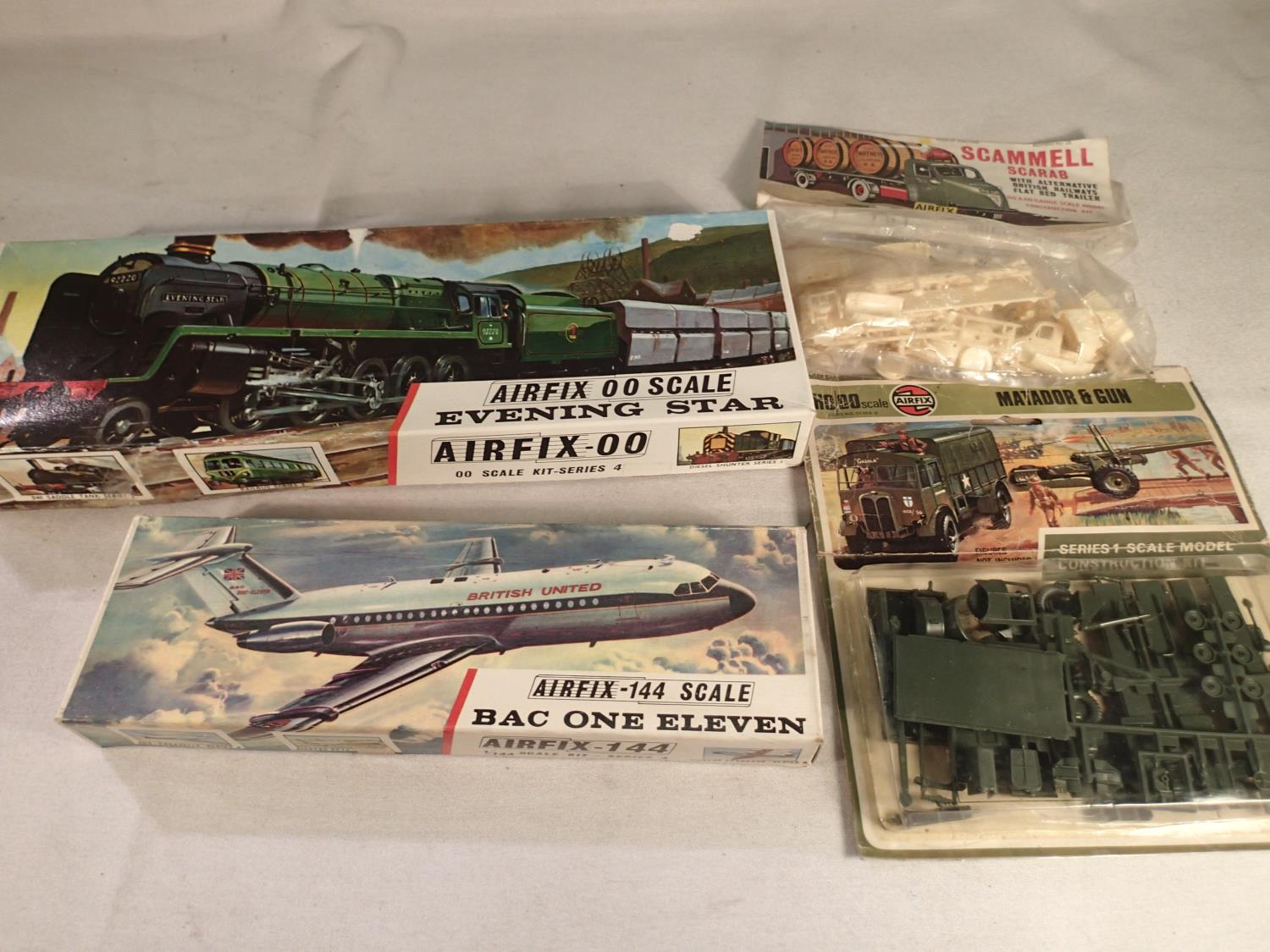 Four Airfix plastic kits, 1/144 scale B.A.C One Eleven, 1/72 scale Matador and Gun, 1/72 scale
