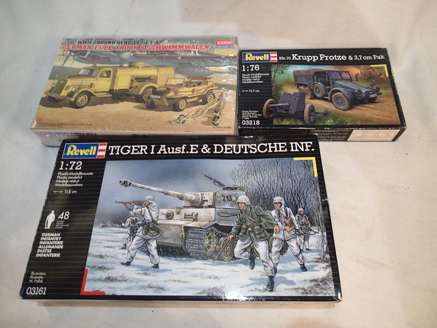 Three 1/72 military related kits, Krupp Protze and Pak, Tiger 1, and fuel truck and Schwimmwagen,