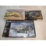 Three 1/72 military related kits, Krupp Protze and Pak, Tiger 1, and fuel truck and Schwimmwagen,